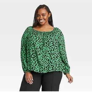 New XXL Woman's Ava & Viv Top Blouse Black Green Dots Flowy Long Sleeves Rayon